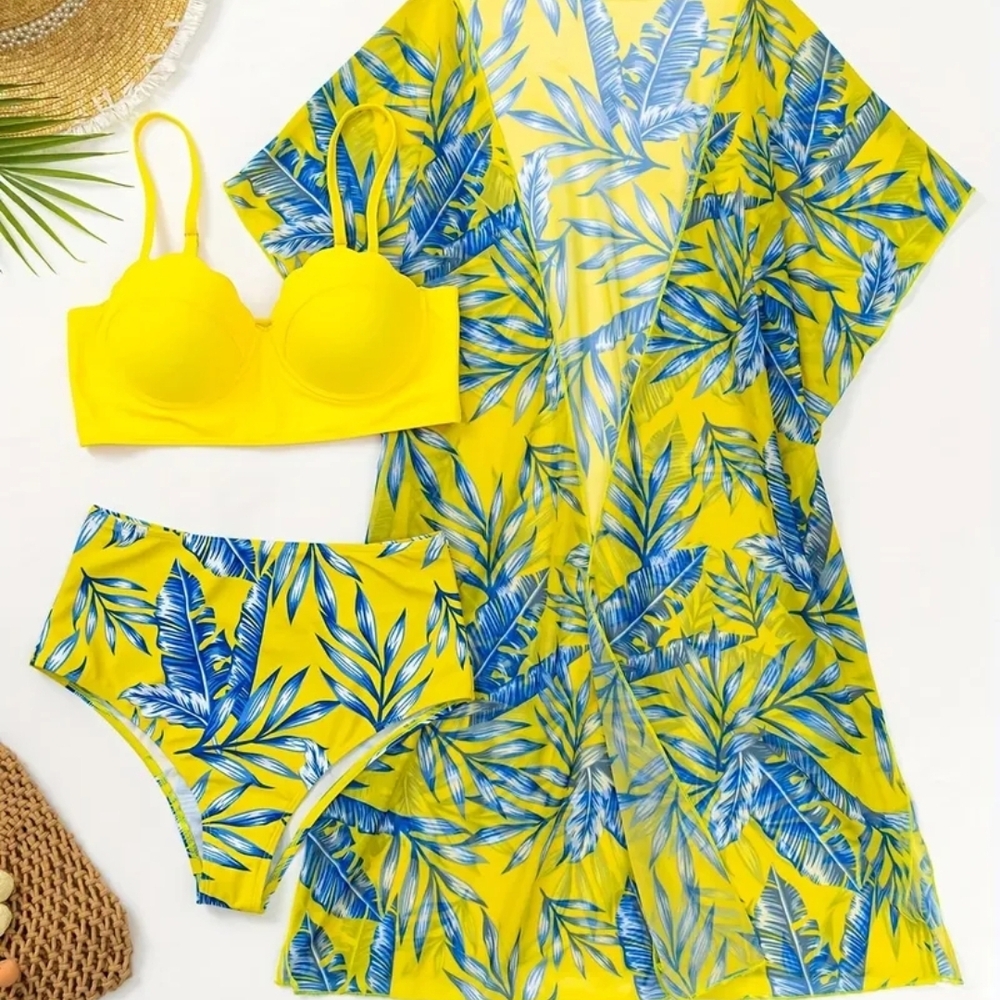 Tropical Yellow and Blue Leaf Print Lingerie Set